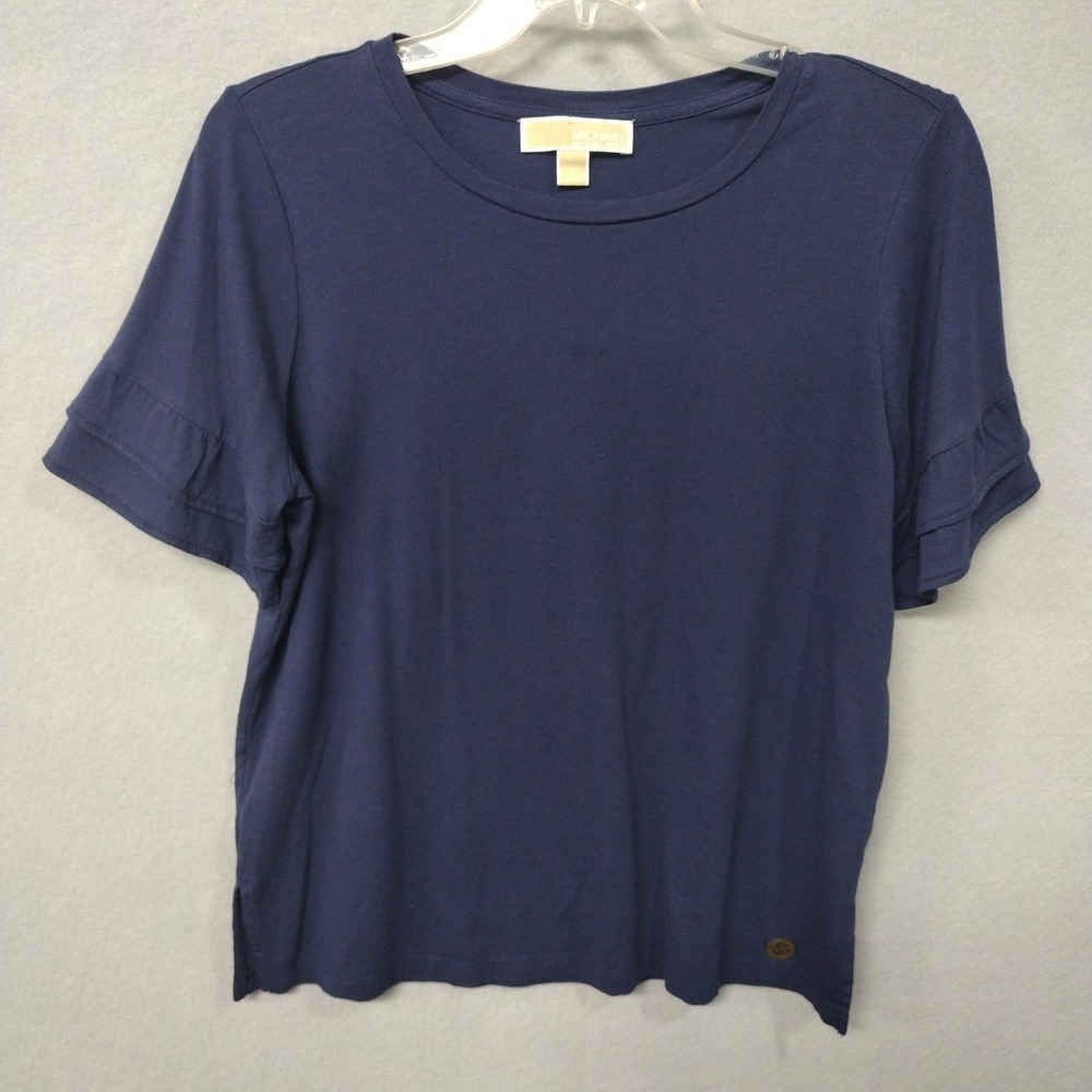 Michael Kors Shirt Women's L Ruffle Short Sleeve Cotton Modal Navy Blue